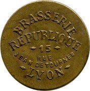 France 50 Centimes Lyon. Brasserie Republique 1917 ND BRASSERIE REPUBLIQUE 15 RUE JEAN DE TOURNES LYON coin obverse France 50 Centimes Lyon. Brasserie Republique 1917 ND BRASSERIE REPUBLIQUE 15 RUE JEAN DE TOURNES LYON coin obverse