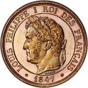 France 1 Centime (Louis-Philippe Pattern of Barre) LOUIS PHILIPPE I ROI DES FRANÇAIS 1847 BARRE coin obverse