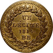 France 1 Decime Antwerp Siege Coinage 1814 KM# 700a UN DÉCIME. 1814. BB coin reverse