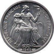 France 1 Franc (Liberty. New Caledonia) KM# 2 REPUBLIQUE FRANÇAISE UNION FRANÇAISE G.B.BAZOR 1949 coin obverse France 1 Franc (Liberty. New Caledonia) KM# 2 REPUBLIQUE FRANÇAISE UNION FRANÇAISE G.B.BAZOR 1949 coin obverse