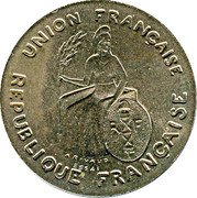 France 1 Franc (New Caledonia Essai) KM# E3 UNION FRANÇAISE A. RIVAUD ESSAI REPUBLIQUE FRANÇAISE coin obverse France 1 Franc (New Caledonia Essai) KM# E3 UNION FRANÇAISE A. RIVAUD ESSAI REPUBLIQUE FRANÇAISE coin obverse