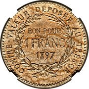 France 1 Franc (Piedfort with Essai) KM# PE2 CONTRE-VALEUR DÉPOSÉE AU TRÉSOR BON POUR 1 FRANC 1897 A. BORREL coin reverse France 1 Franc (Piedfort with Essai) KM# PE2 CONTRE-VALEUR DÉPOSÉE AU TRÉSOR BON POUR 1 FRANC 1897 A. BORREL coin reverse