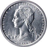 France 1 Franc (St. Pierre & Miquelon) KM# 1 REPUBLIQUE FRANÇAISE UNION FRANÇAISE L.BAZOR GB 1948 coin obverse France 1 Franc (St. Pierre & Miquelon) KM# 1 REPUBLIQUE FRANÇAISE UNION FRANÇAISE L.BAZOR GB 1948 coin obverse