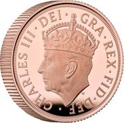 UK 1 Sovereign Charles III Coronation. Piedfort 2023  Proof CHARLES III DEI GRA REX FID DEF MJ coin obverse UK 1 Sovereign Charles III Coronation. Piedfort 2023  Proof CHARLES III DEI GRA REX FID DEF MJ coin obverse