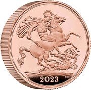 UK 1 Sovereign Charles III Coronation. Piedfort 2023  Proof 2023 B.P. coin reverse UK 1 Sovereign Charles III Coronation. Piedfort 2023  Proof 2023 B.P. coin reverse