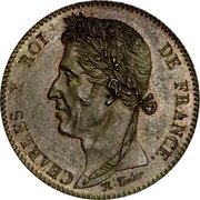 France 10 Centimes Charles X Pattern of Tiolier ND (1824) A Paris CHARLES X ROI DE FRANCE N. TIOLIER coin obverse France 10 Centimes Charles X Pattern of Tiolier ND (1824) A Paris CHARLES X ROI DE FRANCE N. TIOLIER coin obverse