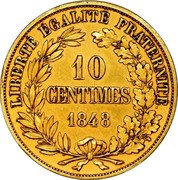 France 10 Centimes Essai by Moulle. Gilded Piedfort 1848 10 CENTIMES 1848 LIBERTE EGALITE FRATERNITE coin reverse