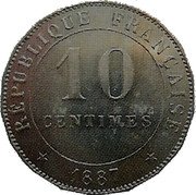 France 10 Centimes Essai Hybride by Merley. Type II. 18 Sides 1887 A REPUBLIQUE FRANCAISE 1887 10 CENTIMES coin obverse France 10 Centimes Essai Hybride by Merley. Type II. 18 Sides 1887 A REPUBLIQUE FRANCAISE 1887 10 CENTIMES coin obverse