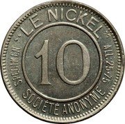 France 10 Centimes (New Caledonia) X# Tn2 SPECIMEN LE NICKEL ALL 25 75 10 SOCIÉTÉ ANONYME coin obverse France 10 Centimes (New Caledonia) X# Tn2 SPECIMEN LE NICKEL ALL 25 75 10 SOCIÉTÉ ANONYME coin obverse