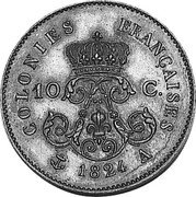 France 10 Centimes (French Colonies. Piedfort with Essai) KM# PE4 COLONIES FRANÇAISES 1824 A 10 C. coin reverse