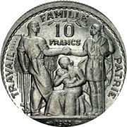 France 10 Francs (Marshal Philippe Petain Pattern) KM# Pn110 TRAVAIL FAMILLE PATRIE ESSAI 10 FRANCS E. J. VÉZIEN coin reverse