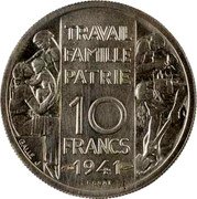 France 10 Francs Petain Essai 1941  KM# E81 TRAVAIL FAMILLE PATRIE 10 FRANCS 1941 ESSAI coin reverse