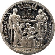 France 10 Francs (Petain Essai by Bazor & Vezien) KM# E86 10 FRANCS TRAVAIL FAMILLE PATRIE ESSAI E. J. VEZIEN 1943 coin reverse