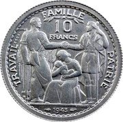 France 10 Francs (Petain Essai by Bazor & Vezien) KM# E86a 10 FRANCS TRAVAIL FAMILLE PATRIE ESSAI E. J. VEZIEN 1943 coin reverse France 10 Francs (Petain Essai by Bazor & Vezien) KM# E86a 10 FRANCS TRAVAIL FAMILLE PATRIE ESSAI E. J. VEZIEN 1943 coin reverse