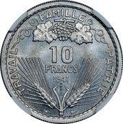 France 10 Francs Petain Essai by Vezien 1941 TRAVAIL FAMILLE PATRIE 10 FRANCS 1941 ESSAI coin reverse France 10 Francs Petain Essai by Vezien 1941 TRAVAIL FAMILLE PATRIE 10 FRANCS 1941 ESSAI coin reverse