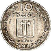 France 10 Francs (Petain Essai) KM# E79 TRAVAIL FAMILLE PATRIE 10 FRANCS 1941 ESSAI coin reverse