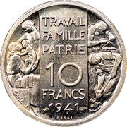 France 10 Francs (Petain Pattern by Galle) KM# Pn105 10 FRANCS 1941 ESSAI TRAVAIL FAMILLE PATRIE coin reverse