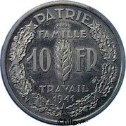 France 10 Francs Petain Pattern by Simon 1941  KM# E80 PATRIE FAMILLE ESSAI 10 FR TRAVAIL 1941 coin reverse