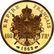 France 100 Francs Napoleon III. Essai 1862 KM# TS26 100 FRS EMPIRE FRANÇAIS 1862 coin obverse France 100 Francs Napoleon III. Essai 1862 KM# TS26 100 FRS EMPIRE FRANÇAIS 1862 coin obverse