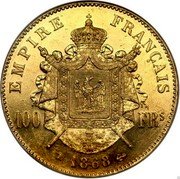 France 100 Francs Napoleon III. Essai 1868 EMPIRE FRANÇAIS 100 FRS 1868 coin reverse France 100 Francs Napoleon III. Essai 1868 EMPIRE FRANÇAIS 100 FRS 1868 coin reverse