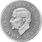 UK 100 Pounds (Charles III Bull of Clarence) CHARLES III D G REX F D 100 POUNDS MJ coin obverse UK 100 Pounds (Charles III Bull of Clarence) CHARLES III D G REX F D 100 POUNDS MJ coin obverse