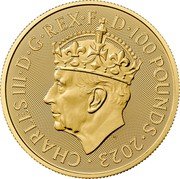 UK 100 Pounds Charles III Coronation 2023  Bullion CHARLES III D G REX F D 100 POUNDS MJ coin obverse UK 100 Pounds Charles III Coronation 2023  Bullion CHARLES III D G REX F D 100 POUNDS MJ coin obverse