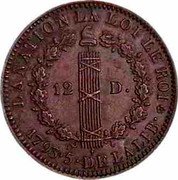 France 12 Deniers (Trial - Essai) LA NATION LA LOI LE ROI 12 D. 1793 5 DE LA LIB. coin obverse France 12 Deniers (Trial - Essai) LA NATION LA LOI LE ROI 12 D. 1793 5 DE LA LIB. coin obverse