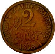 France 2 Centimes Liberty 1898  LIBERTE EGALITE FRATERNITE 2 CENTIMES. 1898 coin reverse