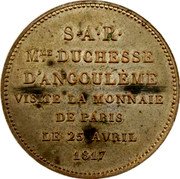 France 2 Francs (Duchess of Anguleme Visit to Paris Mint) S A R MME. DUCHESSE D'ANGOULEME VISITE LA MONNAIE DE PARIS LE 25 AVRIL 1817 coin reverse