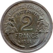 France 2 Francs (Essai by Morlon) KM# AE77 LIBERTE EGALITE FRATERNITE 2 FRANCS 1941 coin reverse