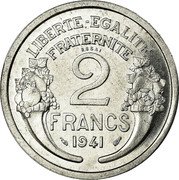 France 2 Francs (Essai by Morlon) LIBERTE EGALITE FRATERNITE 2 FRANCS 1941 coin reverse