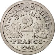 France 2 Francs (Essai Francisque) KM# E85 1943 TRAVAIL FAMILLE PATRIE 2 FRANCS ESSAI coin reverse
