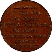 France 2 Francs (Hybrid. Duke and Duchess de Berry Visit to Paris Mint) LL AA RR MGR. LE DUC DE BERRY MME. LA DUCHESSE DE BERRY VISITENT LA MONNAIE DE PARIS LE 18 NOV. 1817 coin reverse