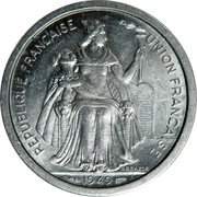 France 2 Francs (Liberty. New Caledonia) KM# 3 REPUBLIQUE FRANÇAISE UNION FRANÇAISE G.B.BAZOR 1949 coin obverse France 2 Francs (Liberty. New Caledonia) KM# 3 REPUBLIQUE FRANÇAISE UNION FRANÇAISE G.B.BAZOR 1949 coin obverse