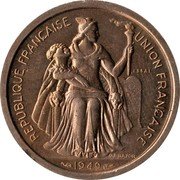 France 2 Francs (New Caledonia Essai) KM# E9 REPUBLIQUE FRANÇAISE UNION FRANÇAISE ESSAI G.B.BAZOR 1949 coin obverse France 2 Francs (New Caledonia Essai) KM# E9 REPUBLIQUE FRANÇAISE UNION FRANÇAISE ESSAI G.B.BAZOR 1949 coin obverse