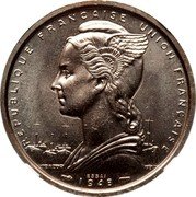 France 2 Francs (St. Pierre & Miquelon Pattern) KM# E2a RÉPUBLIQUE FRANÇAISE UNION FRANÇAISE L.BAZOR GB ESSAI 1948 coin obverse France 2 Francs (St. Pierre & Miquelon Pattern) KM# E2a RÉPUBLIQUE FRANÇAISE UNION FRANÇAISE L.BAZOR GB ESSAI 1948 coin obverse