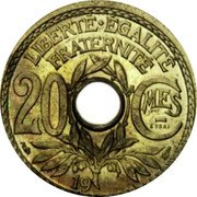 France 20 Centimes Essai by Lindauer. Partial Date ND (1945)  LIBERTÉ ÉGALITÉ FRATERNITÉ 20 CMES ESSAI 19 coin reverse