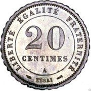 France 20 Centimes Essai by Merley. Scalloped 1887 A 20 CENTIMES A LIBERTÉ ÉGALITÉ FRATERNITÉ ESSAI coin reverse