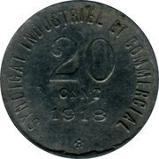 France 20 Centimes Blois. Industrial and Commercial Union 1918  SYNDICAT INDUSTRIEL ET COMMERCIAL 20 CENT 1918 coin reverse France 20 Centimes Blois. Industrial and Commercial Union 1918  SYNDICAT INDUSTRIEL ET COMMERCIAL 20 CENT 1918 coin reverse