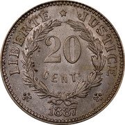 France 20 Centimes French Guiana 1887 X# E2 LIBERTE JUSTICE 20 CENTS 1887 coin reverse