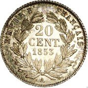 France 20 Centimes Napoleon III Pattern of Barre. Large Head 1853 A KM# Pn88 EMPIRE FRANÇAIS 20 CENT 1853 A coin reverse