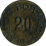 France 20 Centimes (Paris. Maison J. Bory) 20 J. BORY 21 RUE DU TEMPLE PARIS coin obverse France 20 Centimes (Paris. Maison J. Bory) 20 J. BORY 21 RUE DU TEMPLE PARIS coin obverse