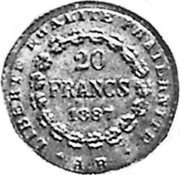 France 20 Francs (Essai Auguste Patey) KM# Pn98 20 FRANCS 1887 LIBERTÉ ÉGALITÉ FRATERNITÉ A. P coin reverse
