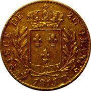 France 20 Francs Louis XVIII 1815 R X# 1 PIECE DE 20 FRANCS 1815 R coin reverse France 20 Francs Louis XVIII 1815 R X# 1 PIECE DE 20 FRANCS 1815 R coin reverse