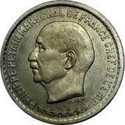 France 20 Francs Marshal Philippe Petain Essai de Vezien 1941  PHILIPPE PETAIN MARECHAL DE FRANCE CHEF DE L'ETAT VEZIEN coin obverse France 20 Francs Marshal Philippe Petain Essai de Vezien 1941  PHILIPPE PETAIN MARECHAL DE FRANCE CHEF DE L'ETAT VEZIEN coin obverse