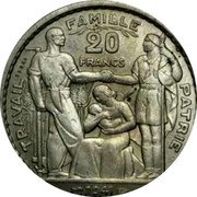 France 20 Francs Marshal Philippe Petain Essai de Vezien 1941  TRAVAIL FAMILLE PATRIE ESSAI 20 FRANCS 1941 coin reverse France 20 Francs Marshal Philippe Petain Essai de Vezien 1941  TRAVAIL FAMILLE PATRIE ESSAI 20 FRANCS 1941 coin reverse