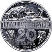 France 20 Francs (Petain Essai by Bouchard) KM# AE92 TRAVAIL FAMILLE PATRIE 20 FRANCS 1941 coin reverse France 20 Francs (Petain Essai by Bouchard) KM# AE92 TRAVAIL FAMILLE PATRIE 20 FRANCS 1941 coin reverse