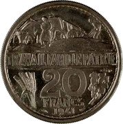 France 20 Francs (Petain Essai by Bouchard) TRAVAIL FAMILLE PATRIE 20 FRANCS 1941 coin reverse France 20 Francs (Petain Essai by Bouchard) TRAVAIL FAMILLE PATRIE 20 FRANCS 1941 coin reverse