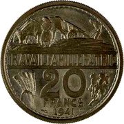France 20 Francs (Petain Essai by Bouchard) TRAVAIL FAMILLE PATRIE 20 FRANCS 1941 coin reverse France 20 Francs (Petain Essai by Bouchard) TRAVAIL FAMILLE PATRIE 20 FRANCS 1941 coin reverse