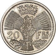 France 20 Francs Petain Essai by Cochet 1941 c+w KM# E82 TRAVAIL FAMILLE PATRIE 20 FRS ESSAI coin reverse France 20 Francs Petain Essai by Cochet 1941 c+w KM# E82 TRAVAIL FAMILLE PATRIE 20 FRS ESSAI coin reverse